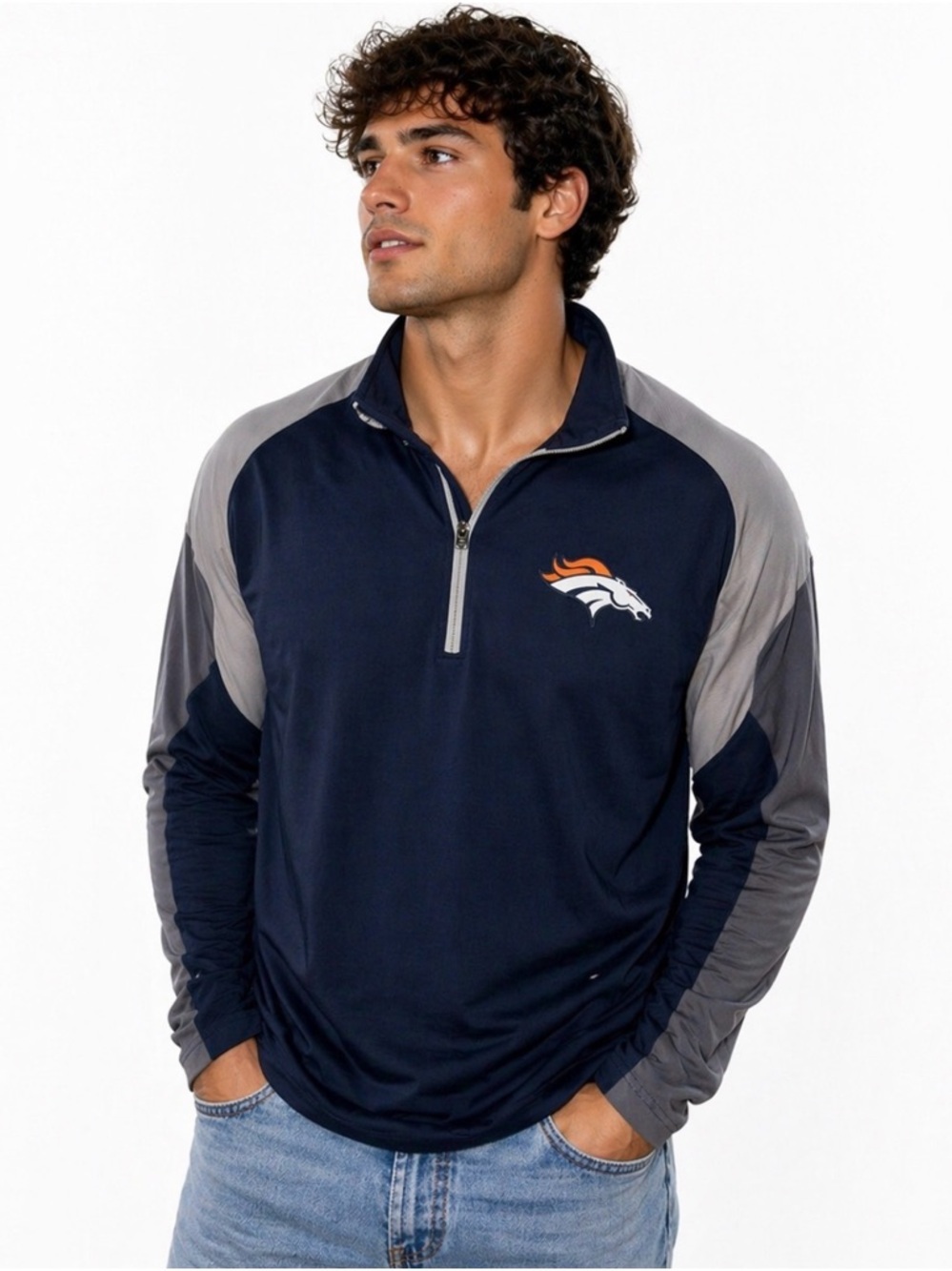 Denver Broncos Football Men’s Antigua Navy and Gray pullover. Mens size XL.